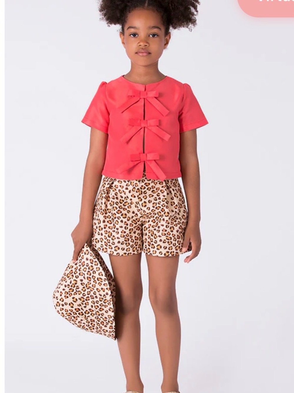 Girls Coral Bow-Front Top & Leopard Print Shorts Set